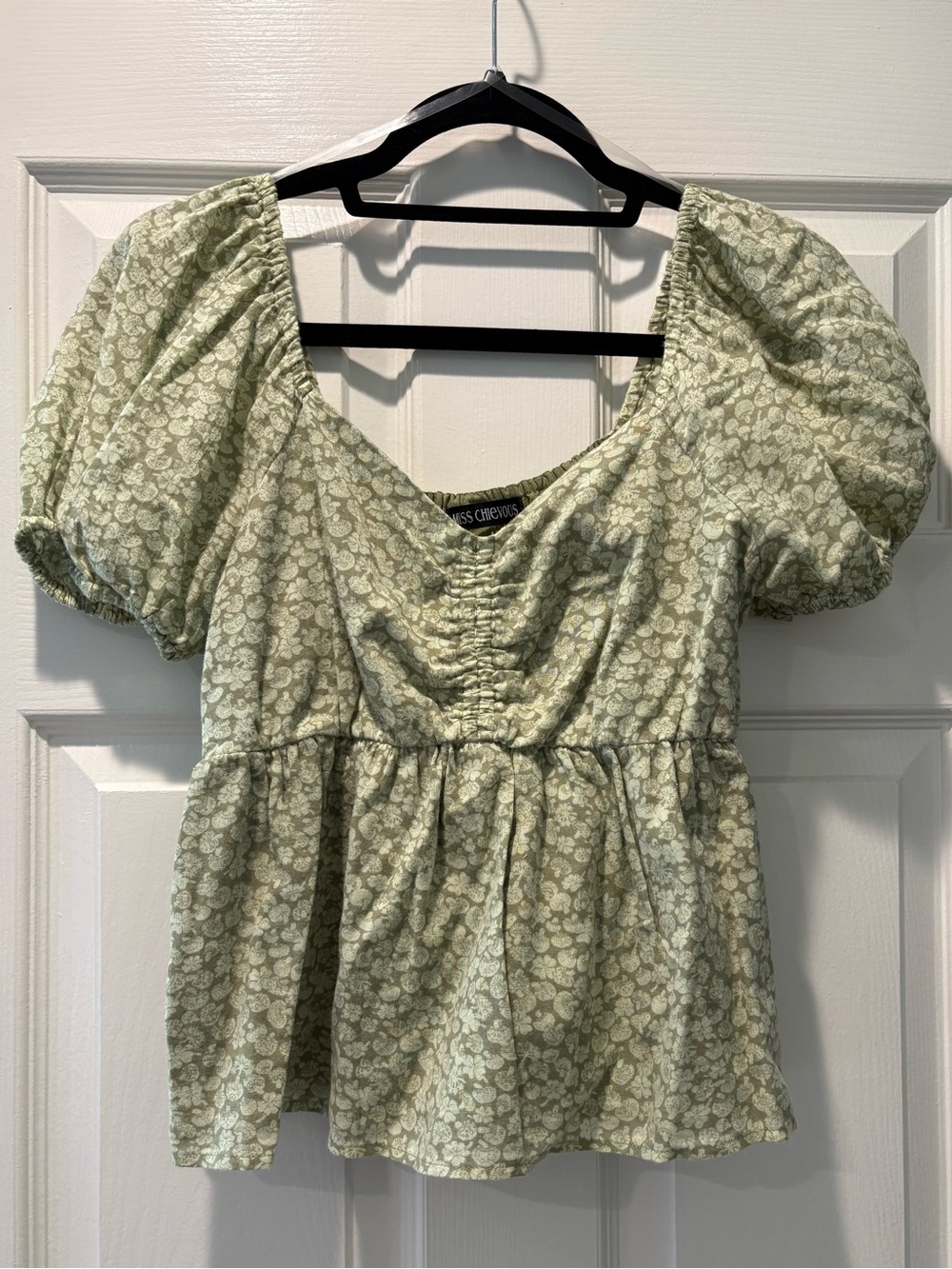 Smocked Puff Sleeve Peplum Top - green mushroom and clover